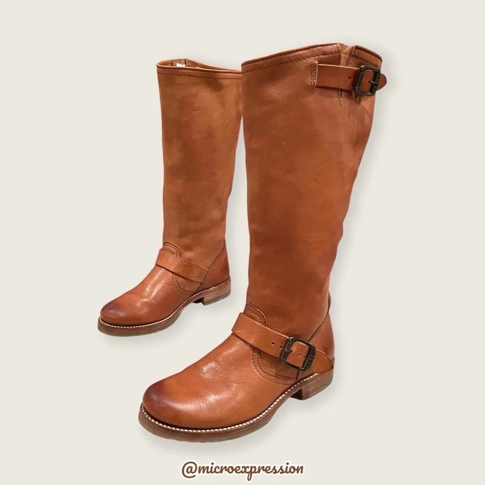 $399 Frye Veronica Slouch Cognac Brown Tan Leather Engineer Moto Tall BuckleBoot